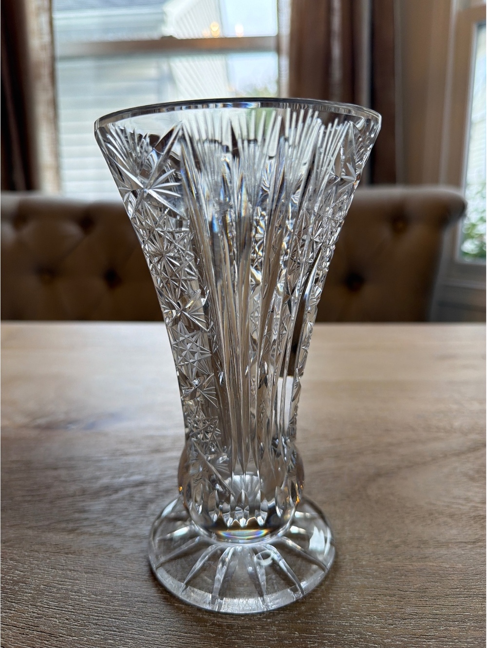 Vintage Bohemian Cut Crystal Trumpet Vase 8.25" Pinwheel Starburst Heavy Glass